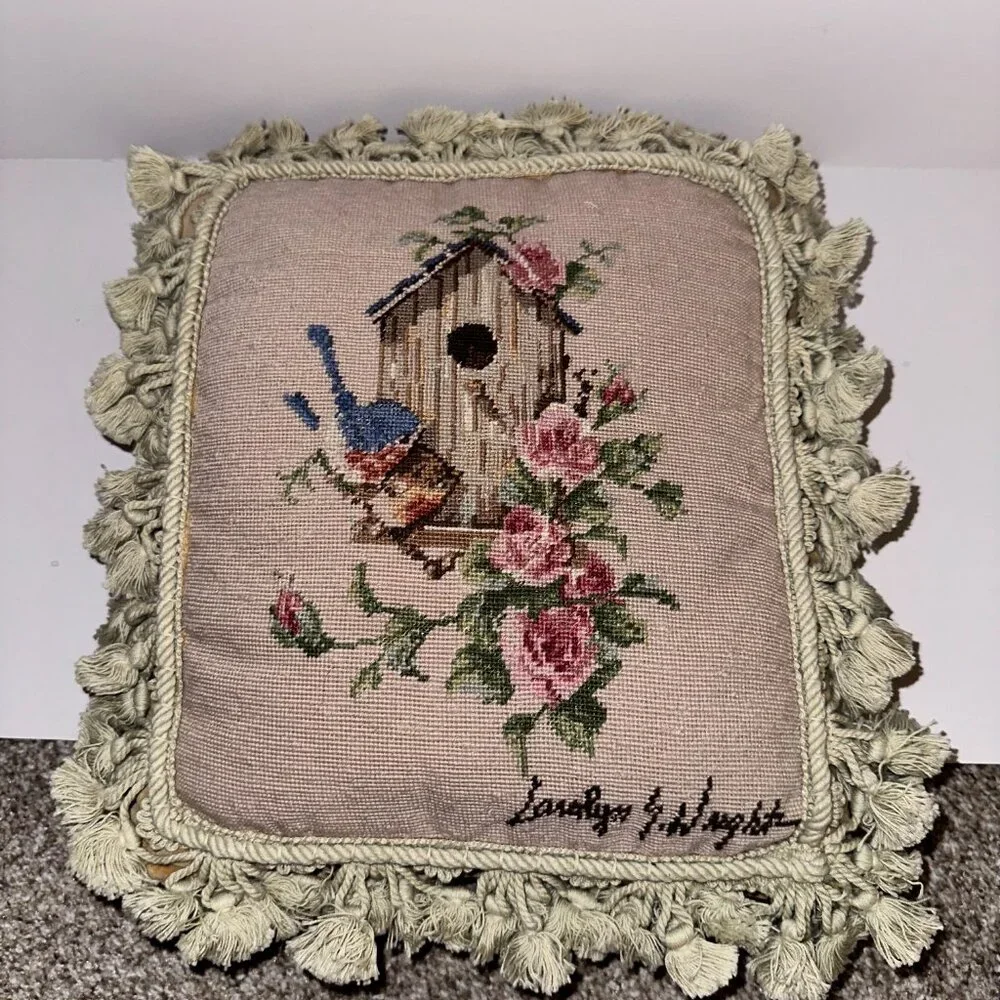 Needlepoint Pillow Birdhouse Blue Birds Carolyn Wright 13